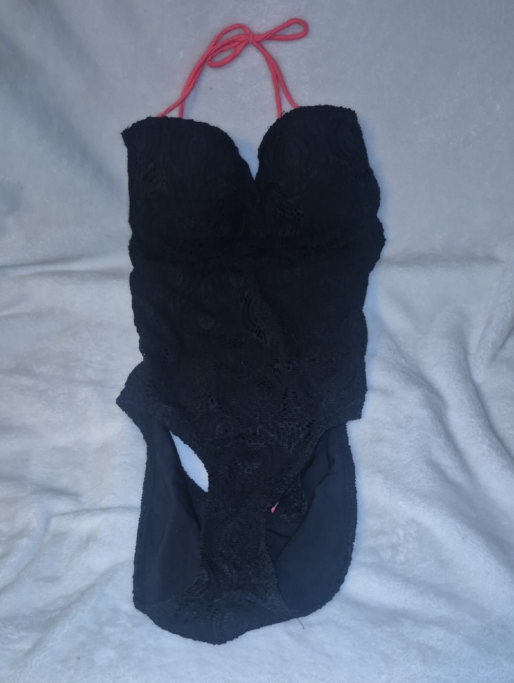 Unique Bargains Black Lace One-Piece Swimsuit with Pink Halter